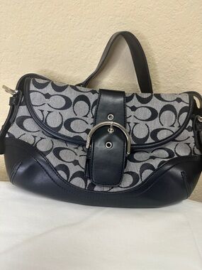 Coach Black and Gray Signature Canvas Shoulder Bag with Buckle Accent
